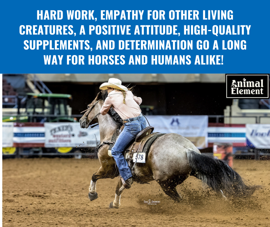 photograph-of-blond-woman-in-pink-shirt-barrel-racing-with-block-text-at-the-top-of-the-page-about-lessons-from-the-rodeo-circuit